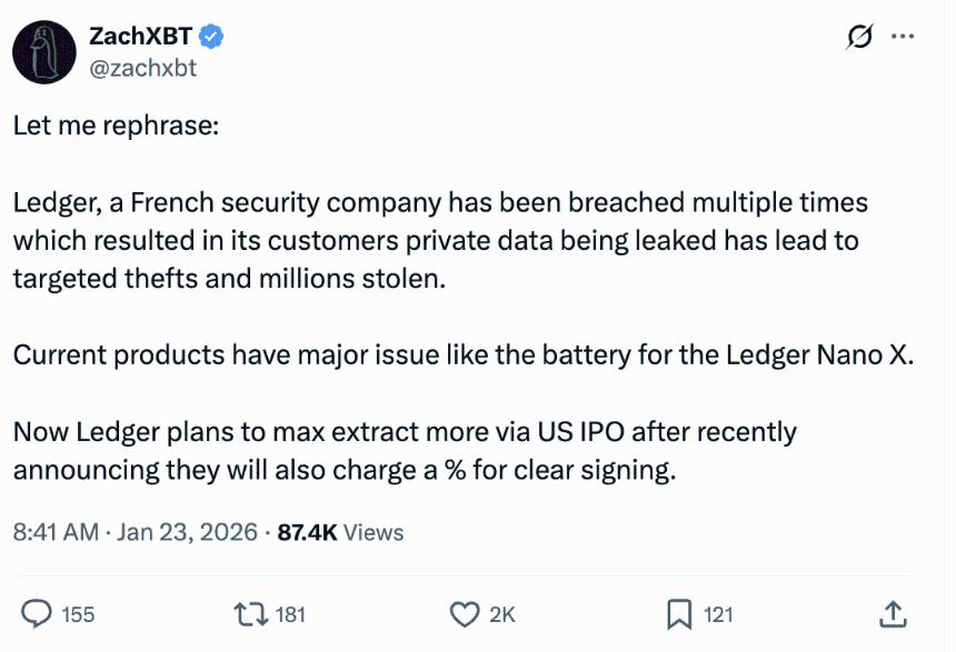 Ledger拟在美国进行40亿美元IPO，但面临数据泄露与收费策略争议