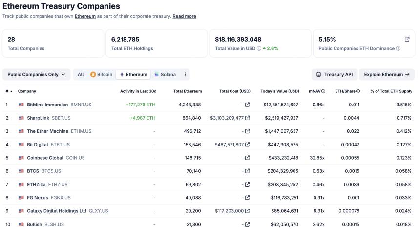 前十大以太坊储备公司。来源: CoinGecko