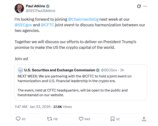 SEC与CFTC将联合举办关于加密货币监管协调的活动