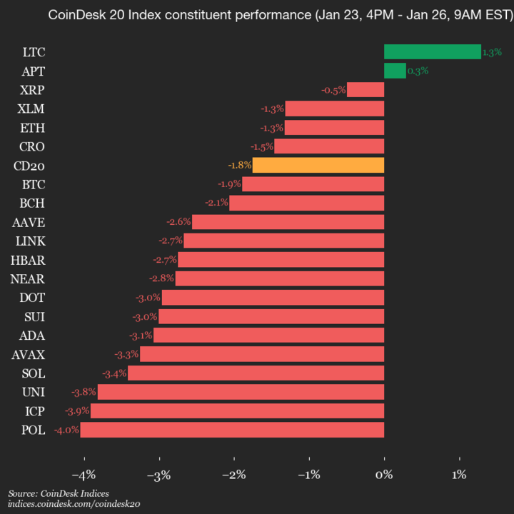 CoinDesk 20 指数表现更新：Polygon (POL) 下跌 4%，领涨指数走低