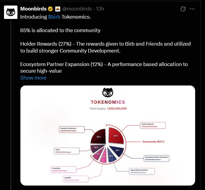 Moonbirds NFT 持有者在 Solana TGE 之前查看 $BIRB 代币经济模型