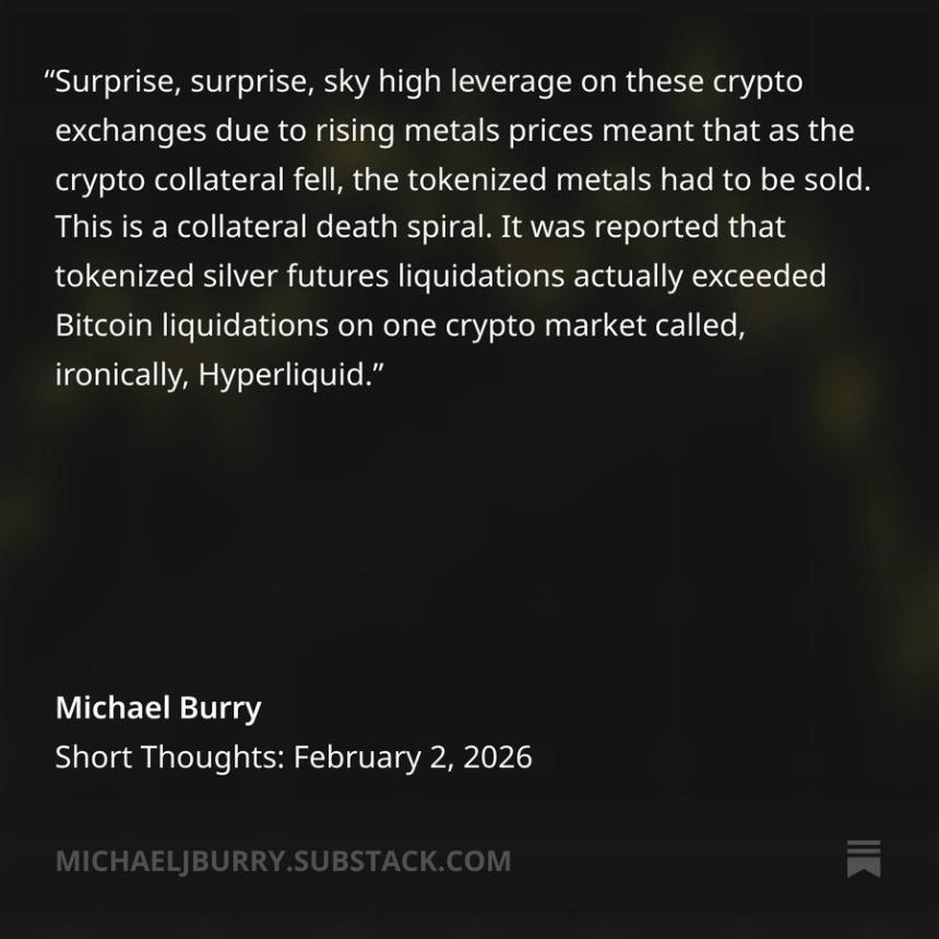 迈克尔·伯里警示‘抵押品死亡螺旋’：白银清算量超比特币引发市场震荡