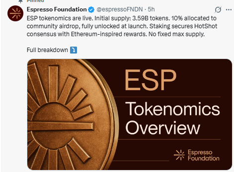 Espresso Tokenomics将在Coinbase路线图之后上线：ESP即将上线？