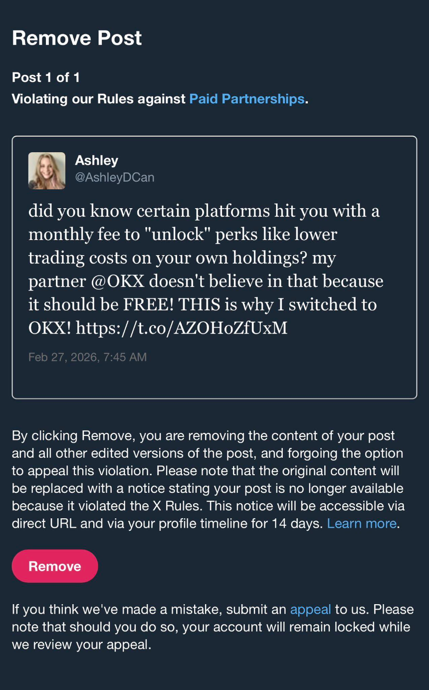 X 要求 Ashley 删除为推广 OKX 的帖子